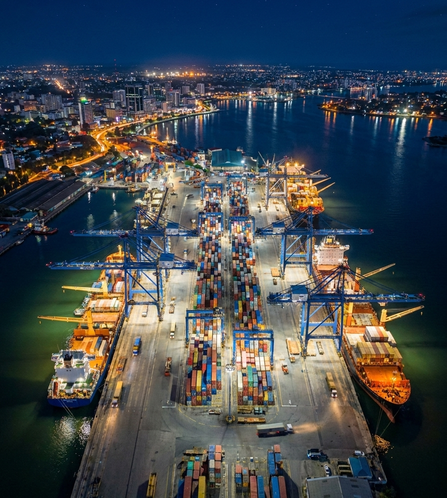 Container ship arriving at port